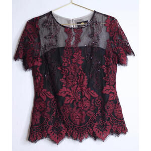Black Red Eyelash Lace Short Sleeve Vampy Blouse - 8